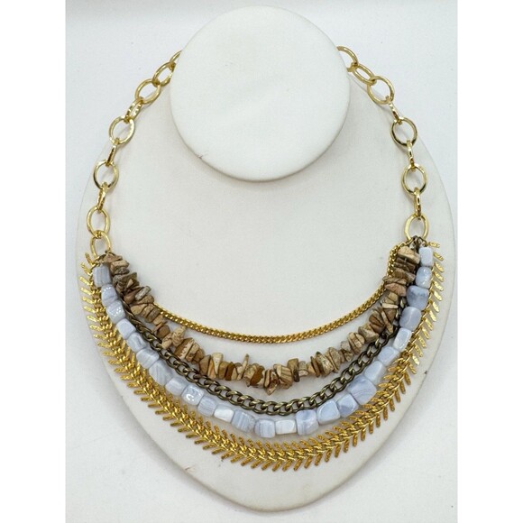 Ab Max Stone & Mixed Chain Layered Multistrand Necklace Gold Tone Boho Bohemian - Picture 1 of 13